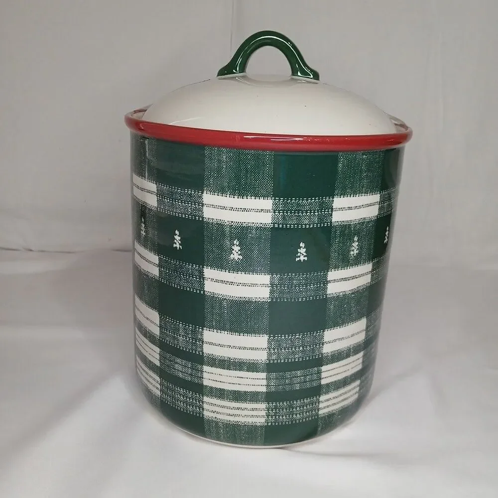 Hearth & Hand Farmhouse Stoneware Canister And Lid Trees Plaid NWT Lodge Cabin